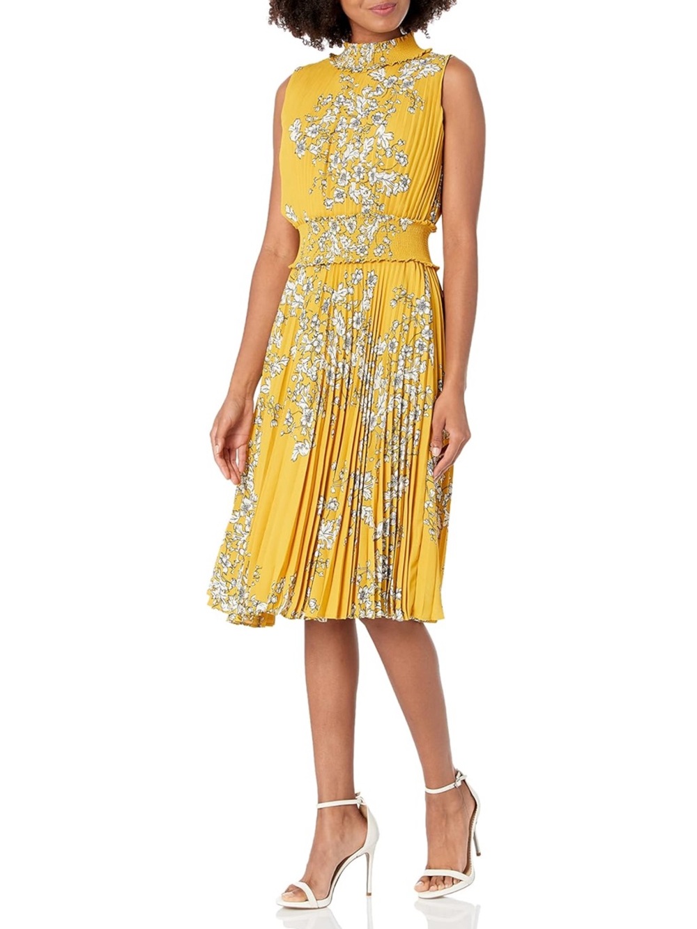 NWT Nanette Lepore Smocked Floral Pleated Chiffon Dress Size 8 Golden Cypress - Picture 3 of 12